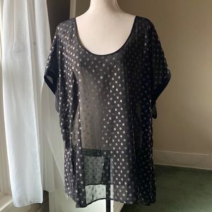 Lane Bryant black sheer gold polka dot keyhole back slit top shirt short sleeved